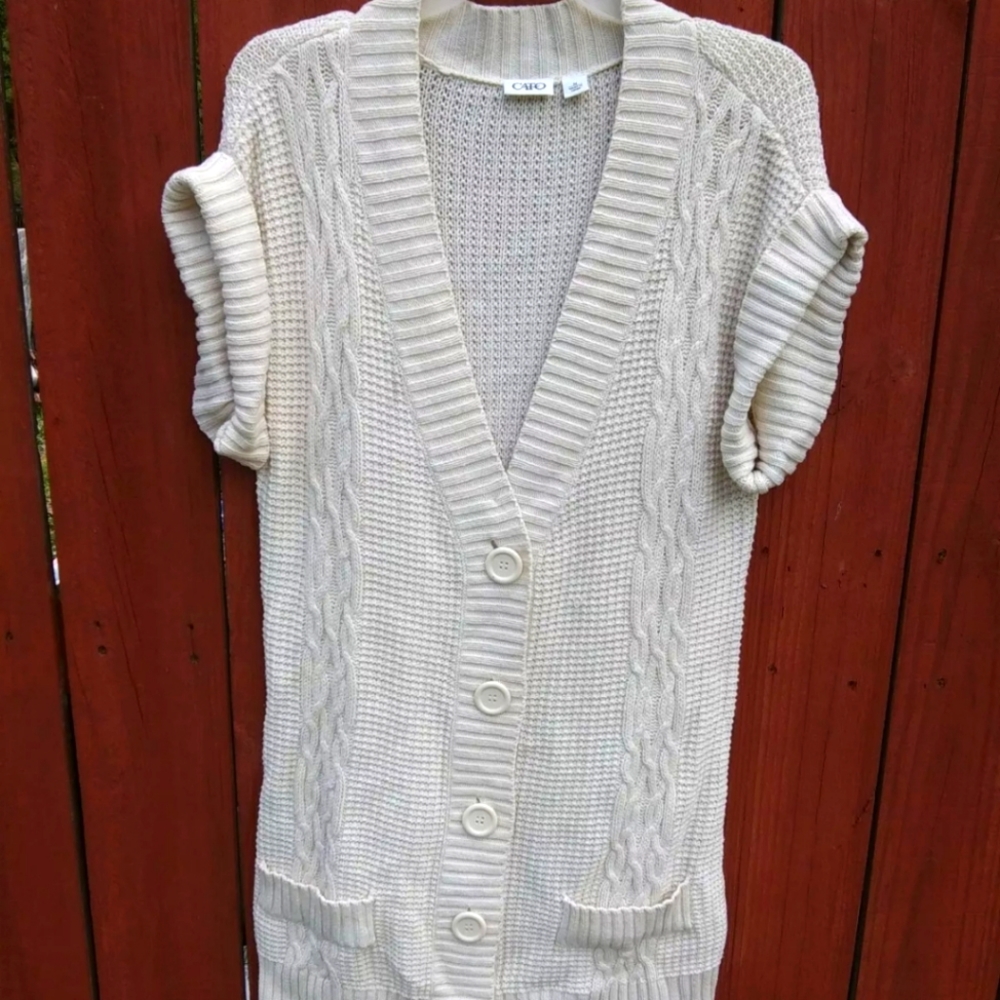 Cato Women's Size Medium M Ivory Knit Short Sleeve Button Up Cardigan